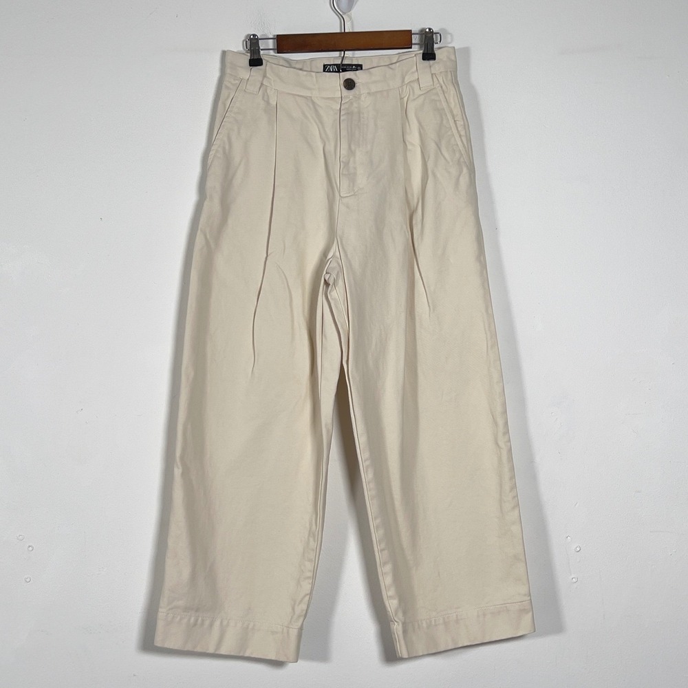 Zara Pleated‎ Wide Leg Crop Pants Womens Sz 30 Cream High Rise